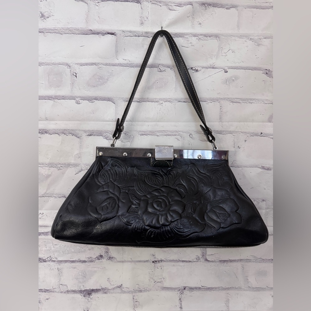 Patricia Nash Ferrara Satchel Bag Shoulder Floral Embossed Black Leather Western